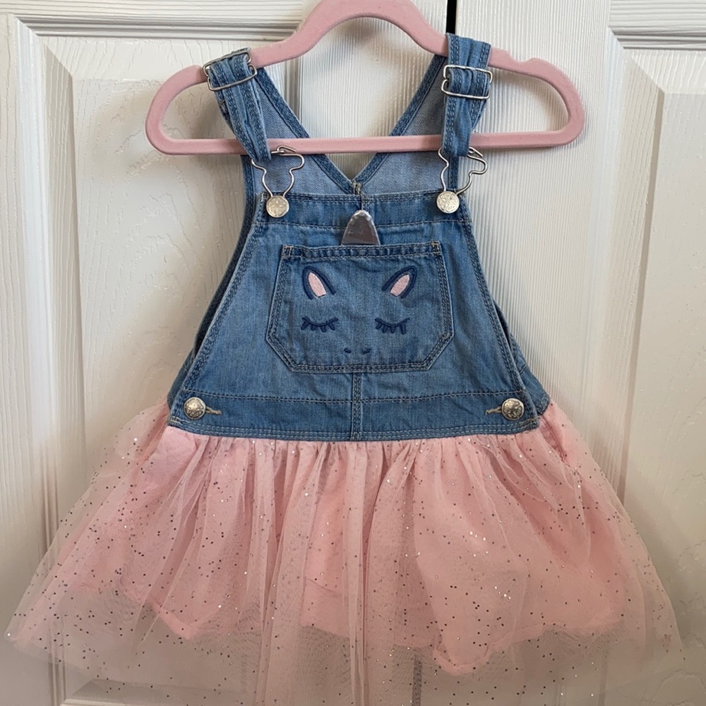 Oshkosh Toddler Girls Unicorn Bib Overalls Dress With Pink Tulle Skirt